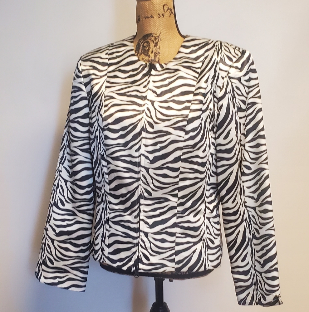 Vintage Parche Pairs Zebra Satin Zipper Blazer Jacket Size 14 Made in the USA - Picture 1 of 11